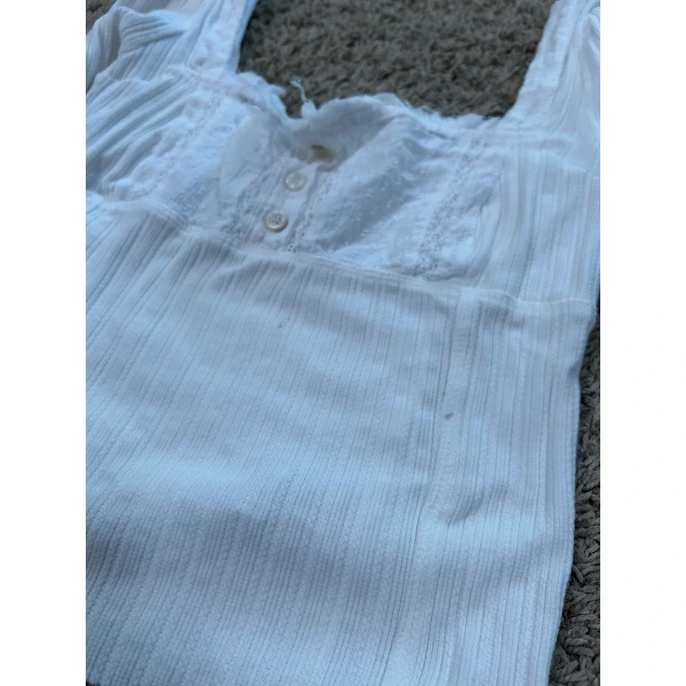 Free People White Lace Ribbed Long Sleeve Top Square Neck Coquette Prairie S